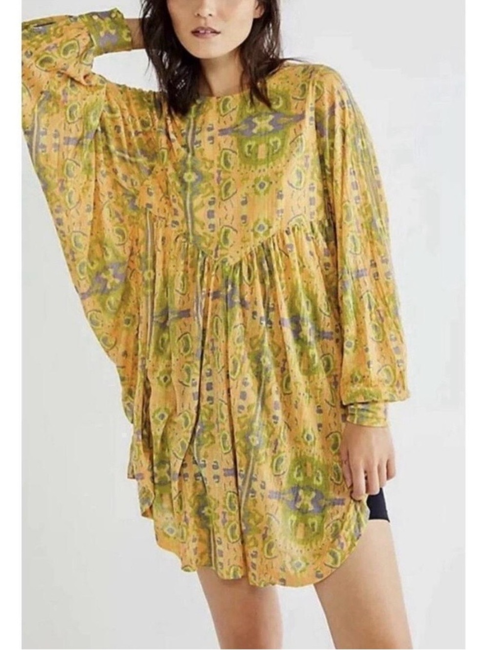 Free People Yellow Floral Boho Tunic with Green Accents